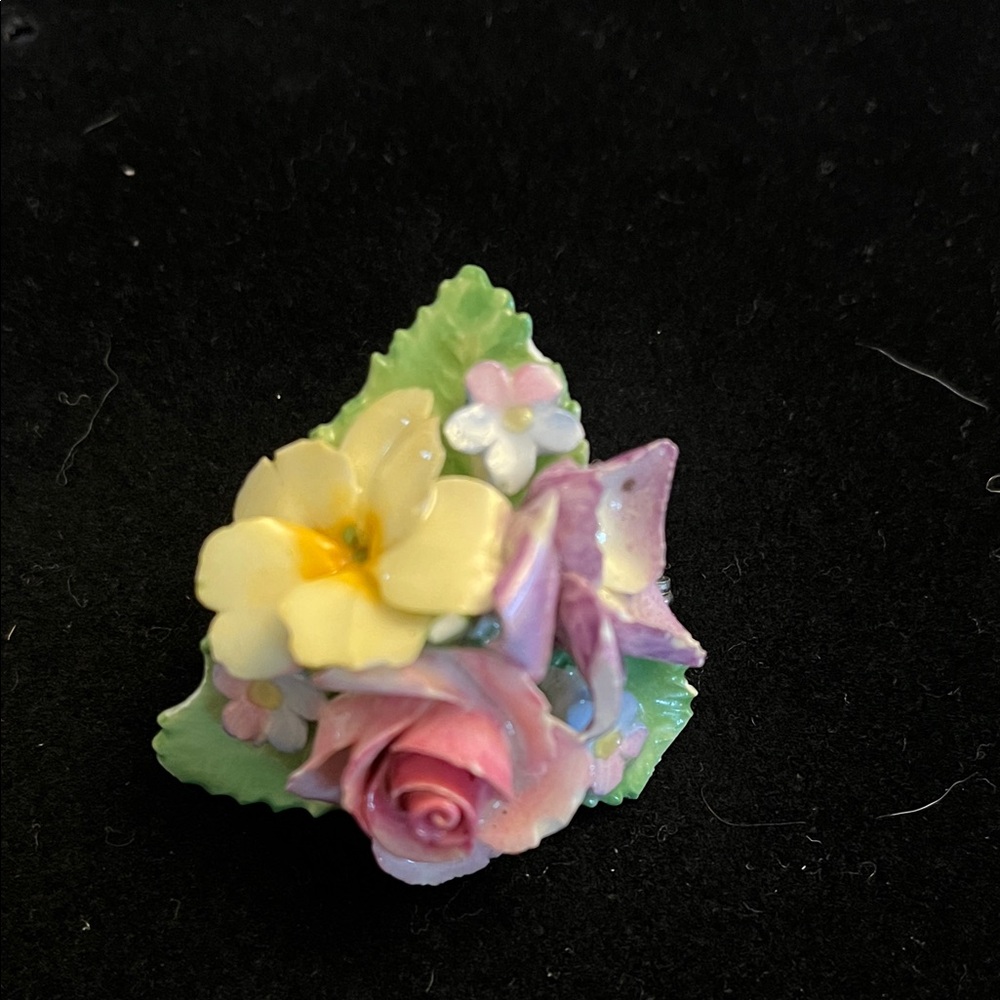 Floral Porcelain Brooch with Pink, Yellow, and Green Accents